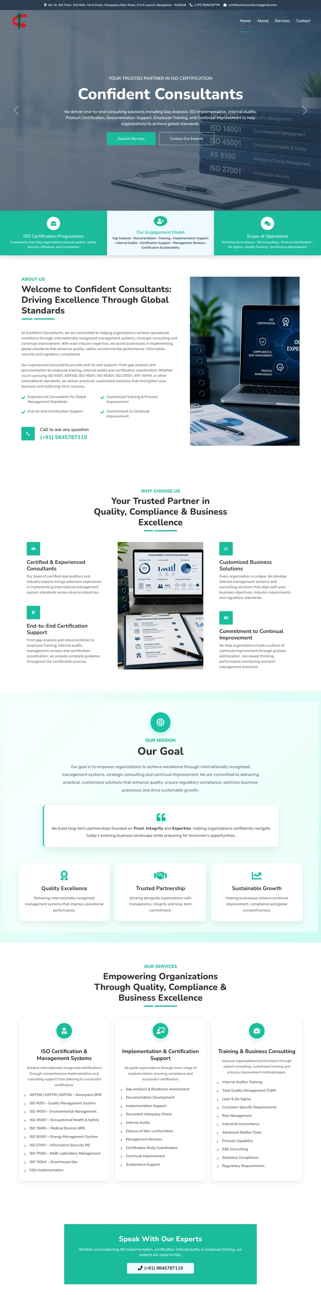 The Confident Consultants home page: hero, about, why choose us, goal and services